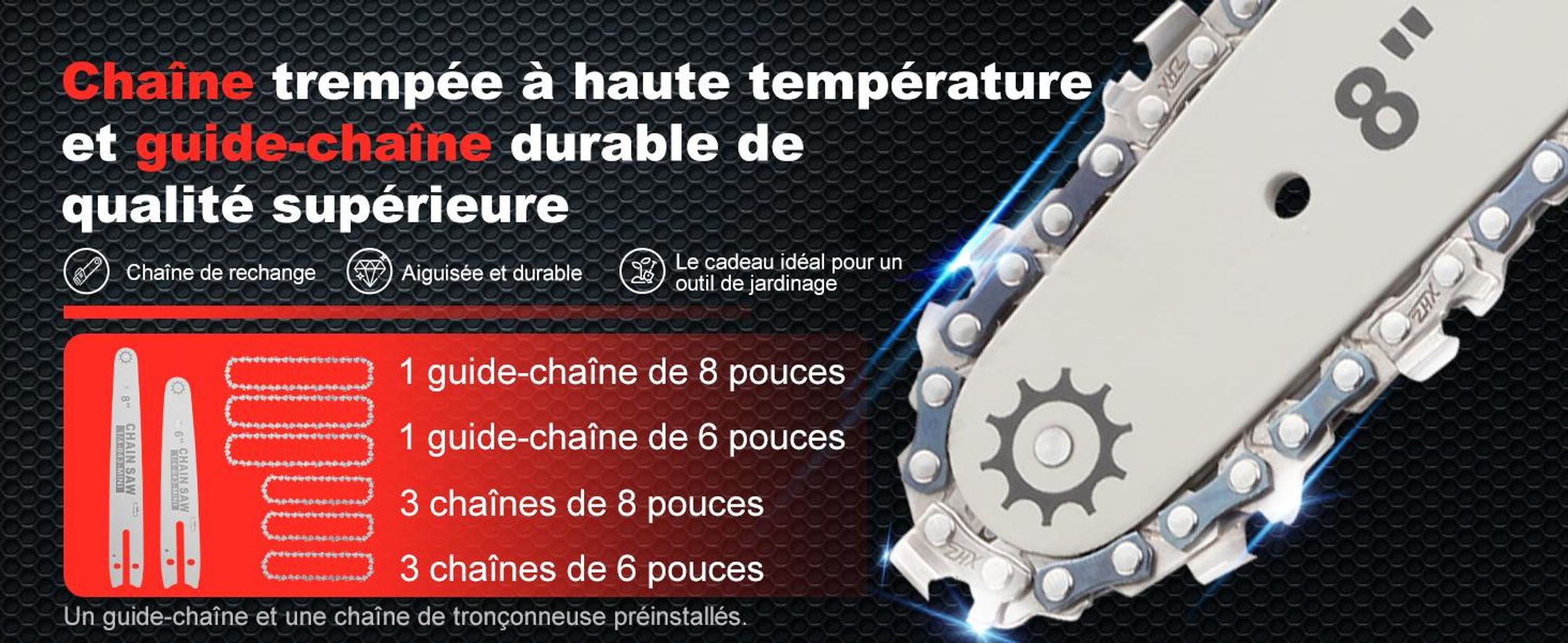 TEENO Tronconneuse a Batterie, Mini Tronçonneuse Électrique 6&8 Pouces 2-en-1, Kit avec 6 Chaînes (3×6"+3×8"),  2×4000mAh, 5500 tr/min, Taille Haie