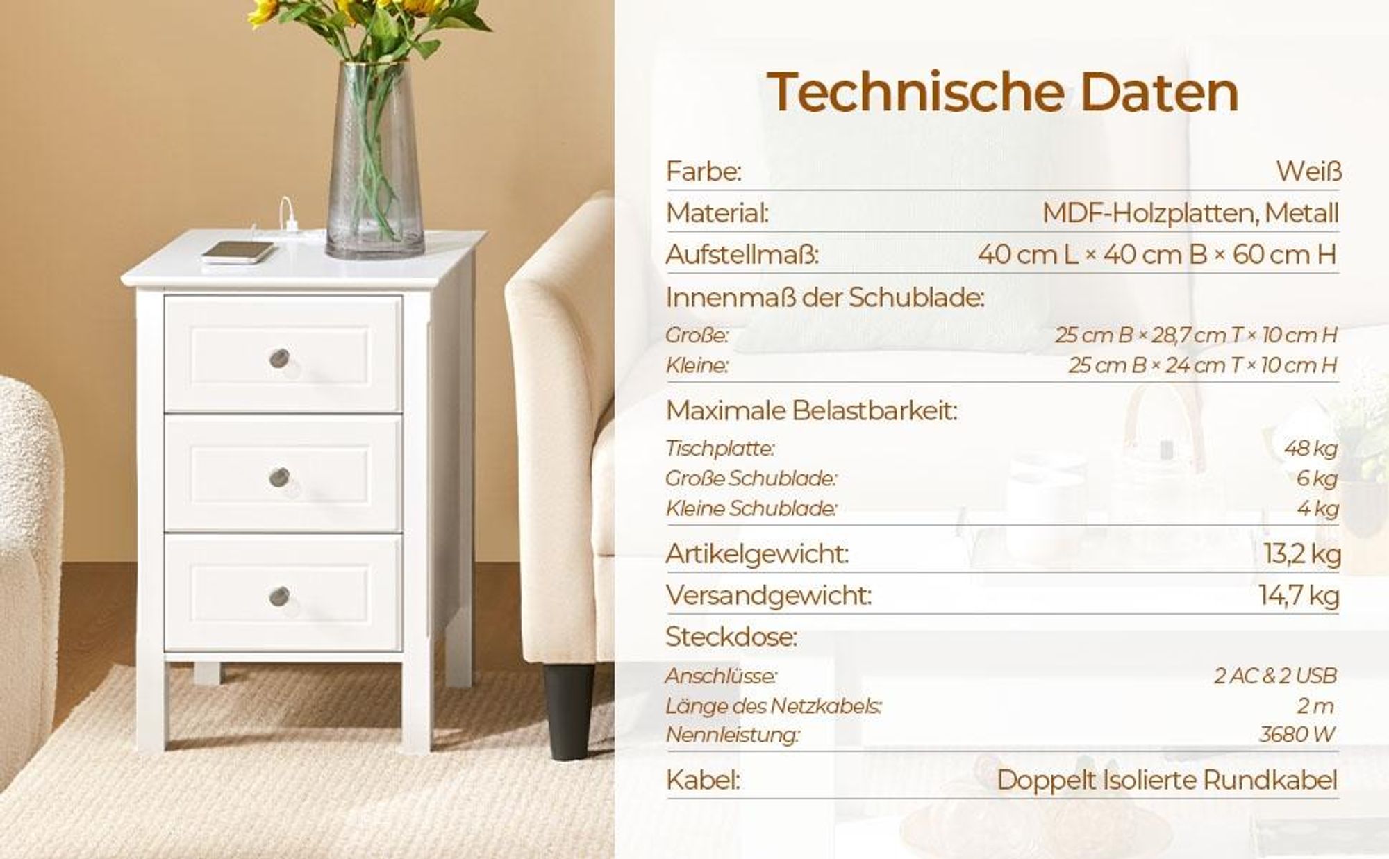 Yaheetech Nachttisch mit Steckdose & USB, 3 Schubladen Beistelltisch mit 2 AC- und 2 USB-Anschlüssen, Weiß
