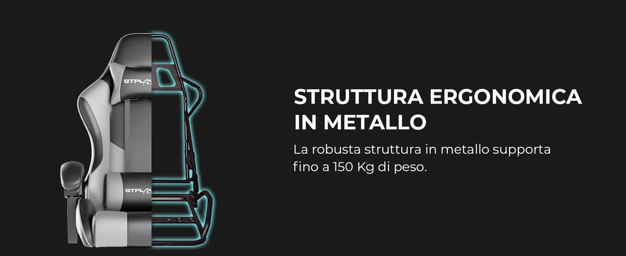 Sedia da gioco GTPLAYER, sedia da ufficio ergonomica con funzione massaggio e poggiapiedi, struttura con maniglie, base in acciaio, grigio