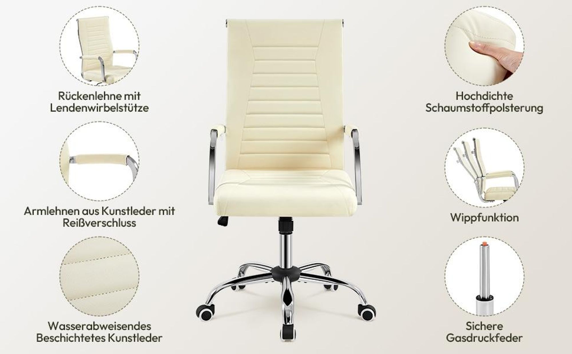 Yaheetech Ergonomischer Bürostuhl Schreibtischstuhl mit hoher Rückenlehne & Wippfunktion, bis 136 kg belastbar, Beige