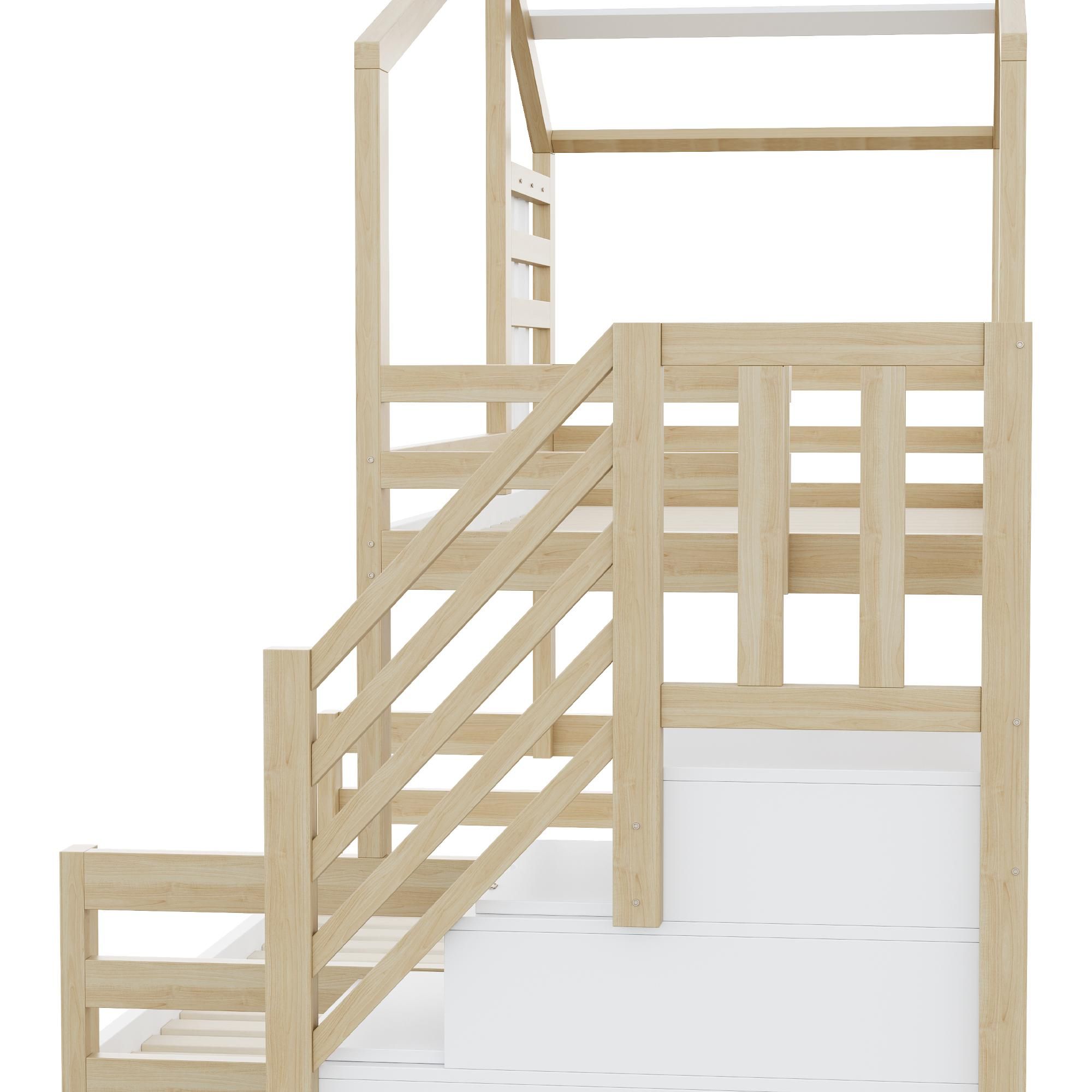 Merax Etagenbett 90x200 oben, 140x200 unten, Stockbett mit Fenster, Lagerleiter, Geländer, Kiefernholz Kinderbett, Jugendbett, Hochbett, Natur+Weiß