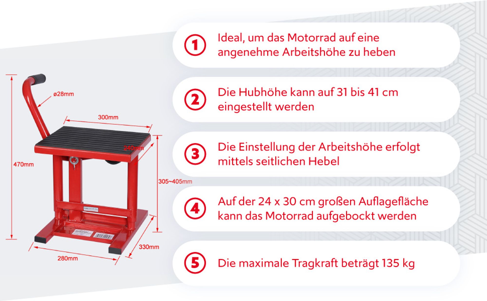 Wiltec Motorradheber bis zu 135 kg mit 31-41cm Arbeitshöhe, Motorradständer Motorradhebebühne Hebebühne für Reparaturen am Motorrad