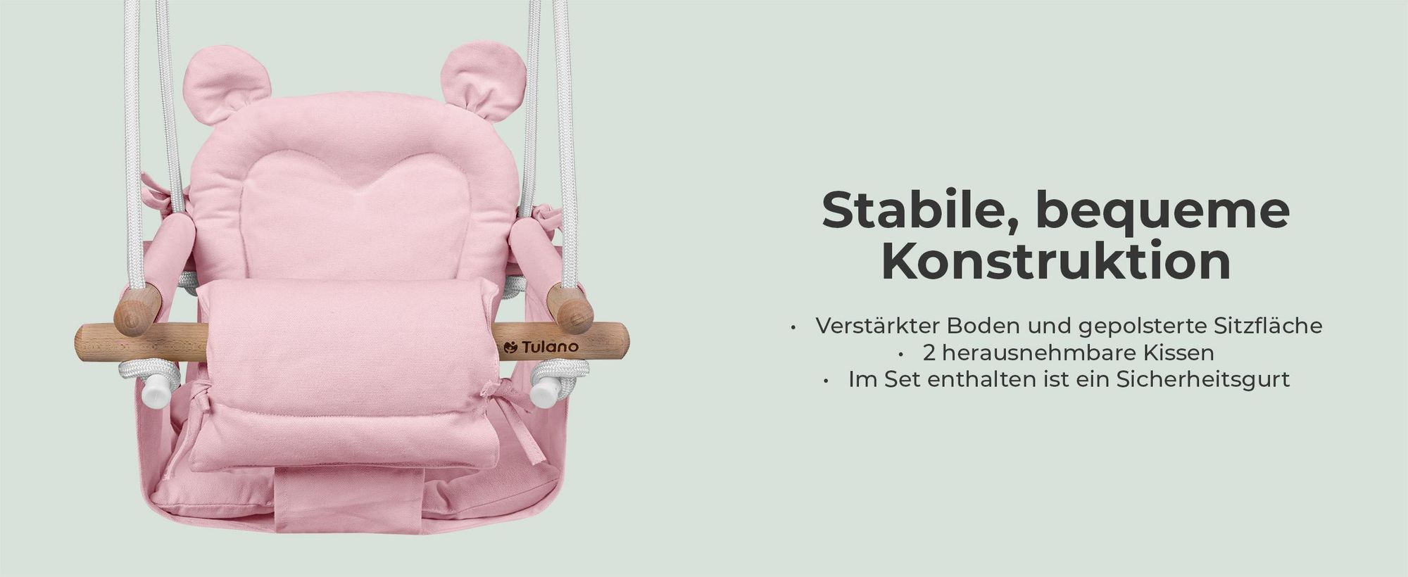 Tulano Hop 30 | Bär Babyschaukel Kinderschaukel | Indoor Outdoor | Sicherheitsgurt | Tragfähigkeit bis 60kg | von 6 bis 36 Monaten | aus Holz | Rosa