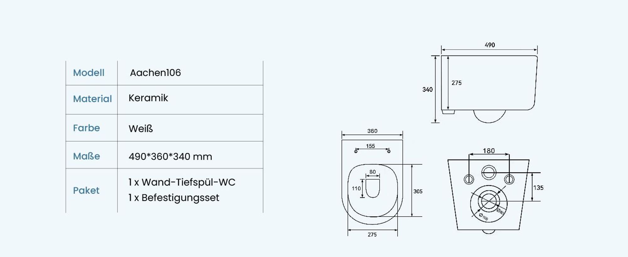doporro Hänge-WC Weiß Wand-WC Toilette mit Soft-Close Spülrandloses aus Keramik Hänge-Toilette Aachen106