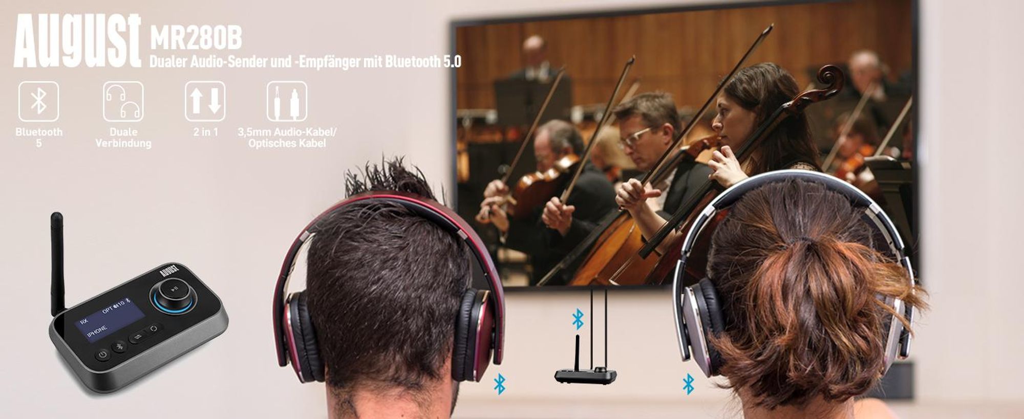 2 in 1 Bluetooth Sender oder Empfänger BT5.0 Kopfhörer/Fernseher - August MR280
