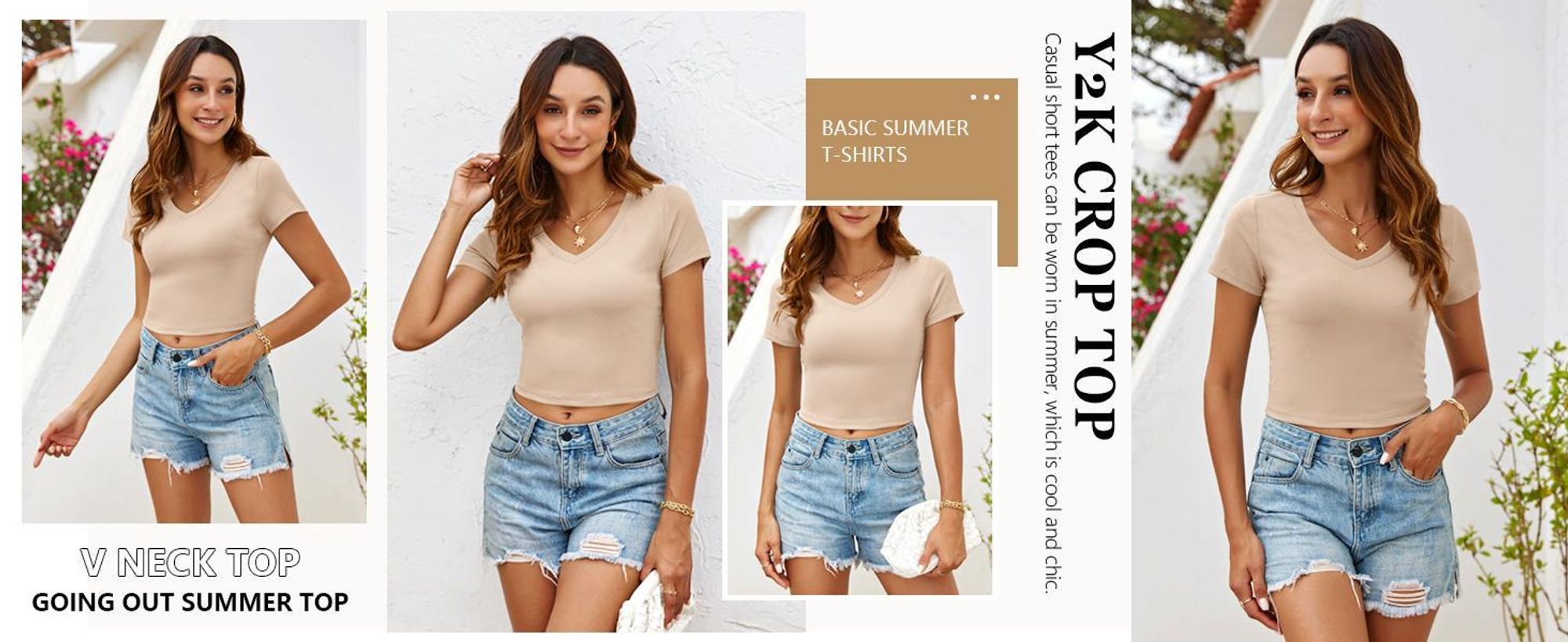 Kurzes Damen-Top, gerippter V-Ausschnitt, Kurzarm, sommerliches Basic-T-Shirt, schmale Passform, Y2K-Shirt