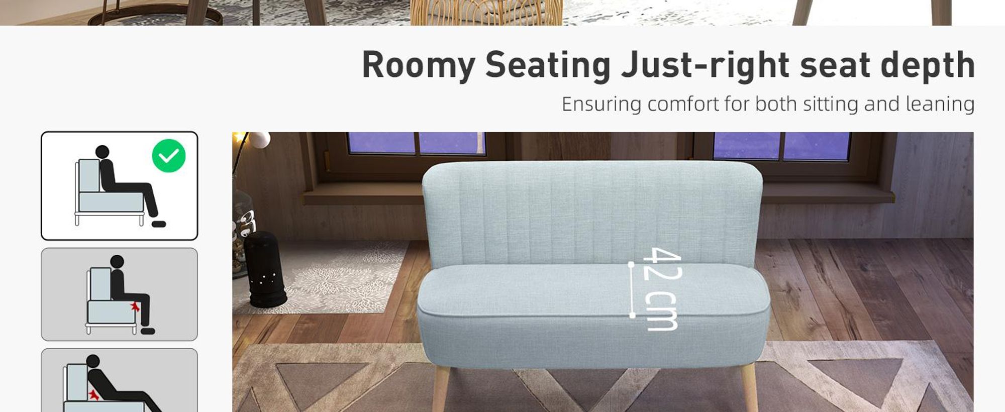 Sofa dwuosobowa HOMCOM, mała sofa dwuosobowa z lnianym wykończeniem, nowoczesna tapicerowana sofa do salonu, sypialni, małej przestrzeni, jasnozielona, ​​117 x 56,5 x 77 cm