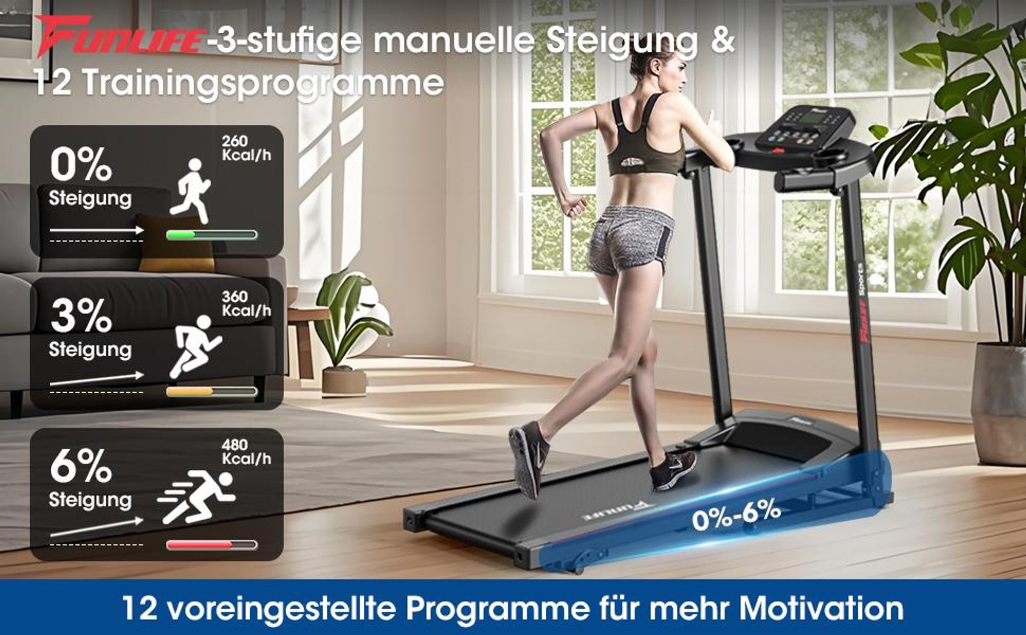 Laufband mit manueller Steigung und Trainingsprogrammen für intensiveres Training
