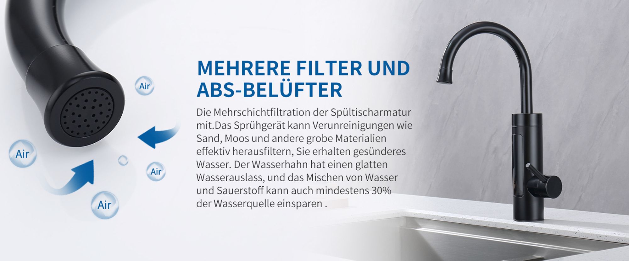 Homelody Elektrische Küchenarmatur mit Durchlauferhitzer, Smart Heater Spültischarmatur 360° drehbar, Schwarz Wasserhahn mit LED Temperaturanzeige