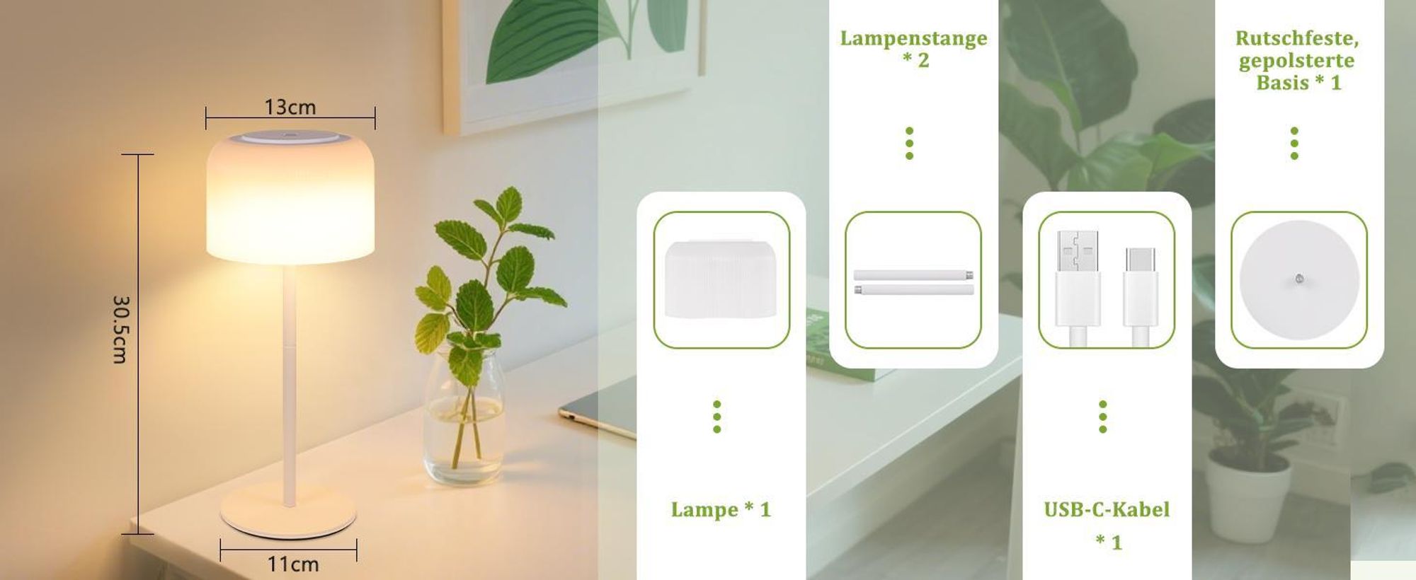 ZMH Tischlampe Kabellos LED Tischleuchte Dimmbar Akku Tischlampe mit 3 Farbtemperaturen Höhenverstellbar USB-C Aufladbar Wasserdichte Tischleuchte für Indoor Outdoor Esszimmer Schlafzimmer