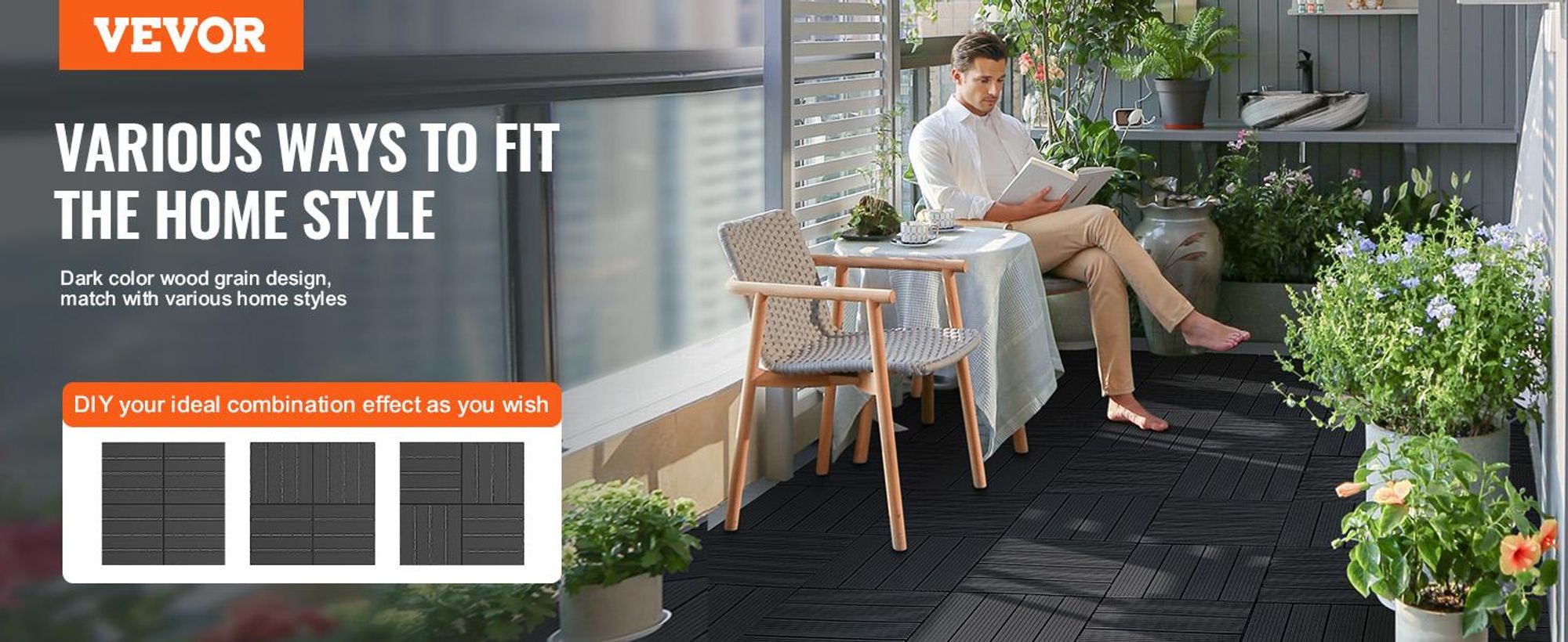 VEVOR Verbunddeckfliesen, 36er Pack, 11,6"x11,6" 36 qm Kunststoff wasserdichtes Outdoor-Bodenbelag für alle Wetterbedingungen, Terrassenbodenbelag für Veranda, Poolseite, Balkon, Garten, Dunkelbraun, Dunkelgrau-PP-36 Stück