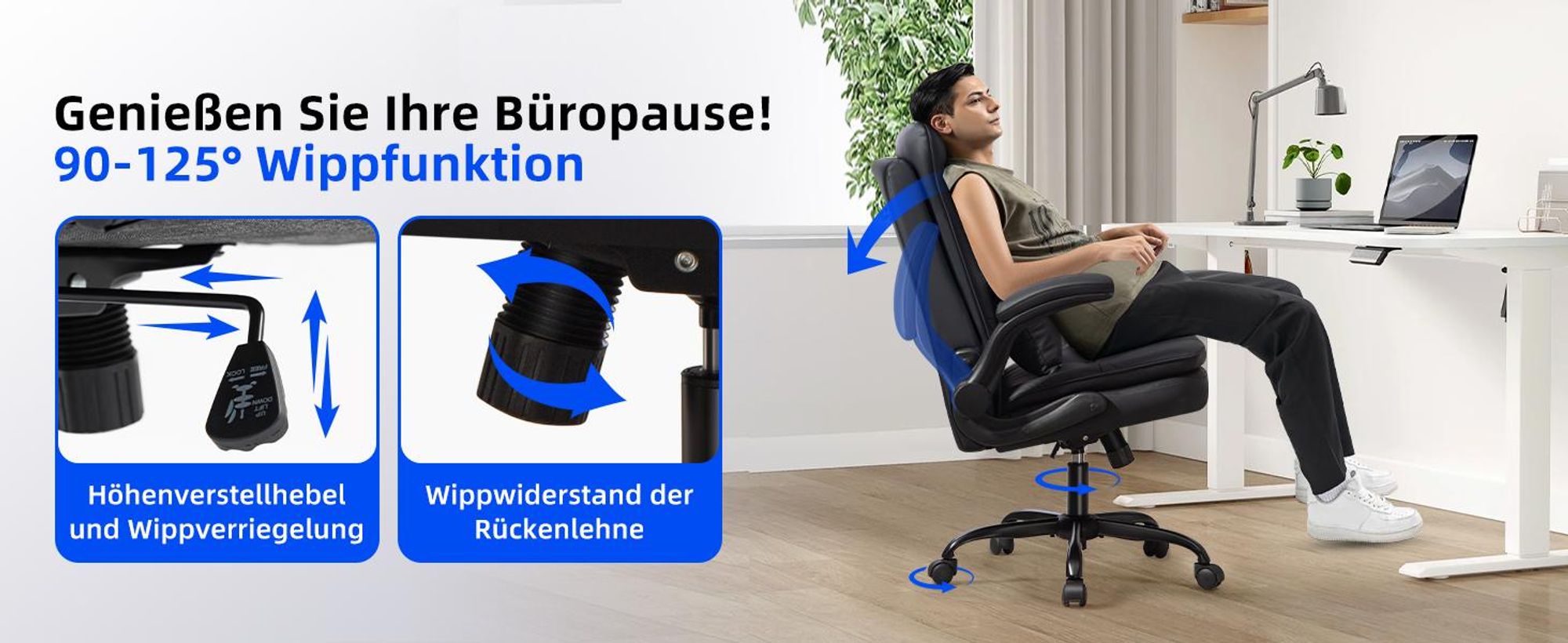 90–125° Wippfunktion, höhenverstellbarer Hebel, einstellbarer Wippwiderstand für Pausen