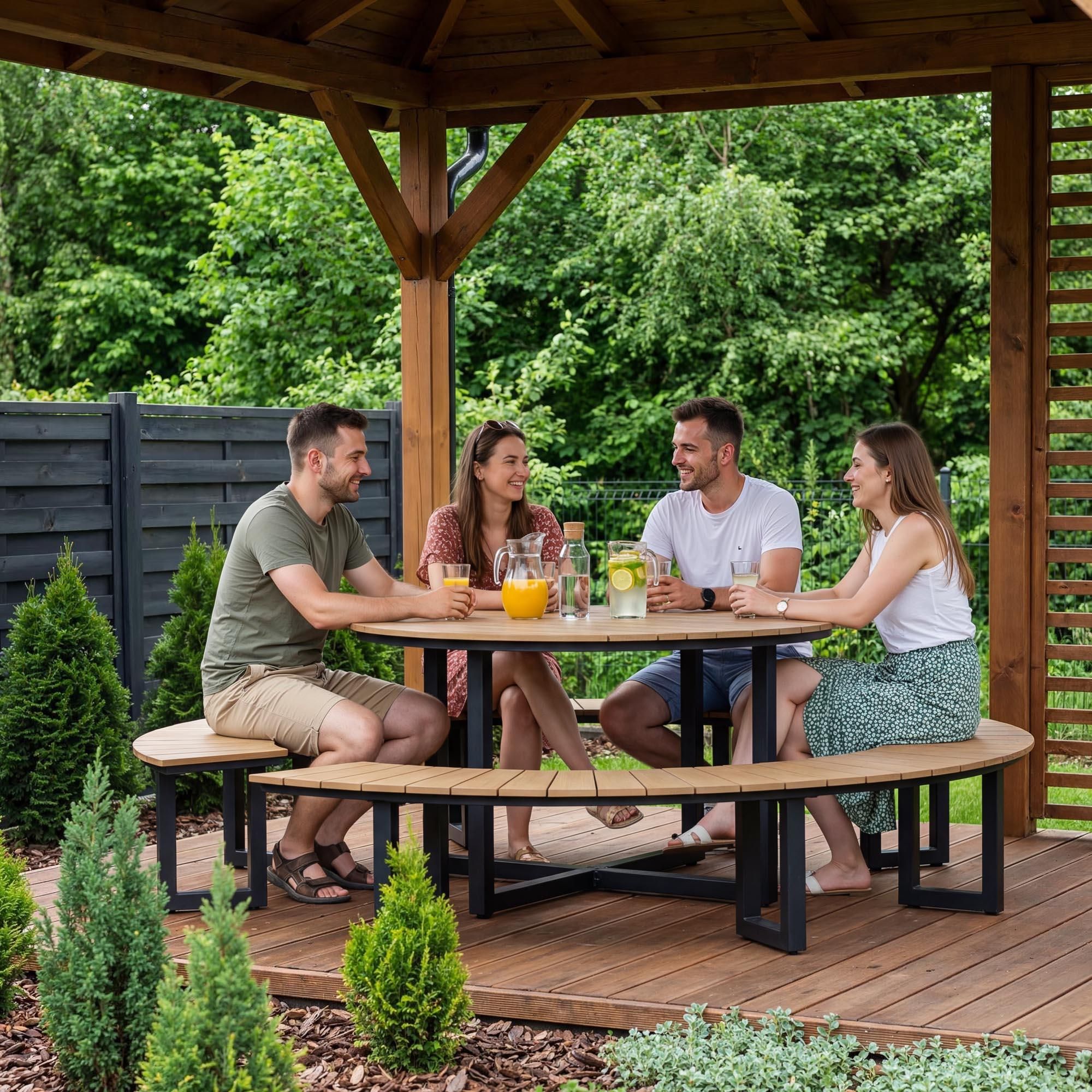 di volio Gartenmöbel Set PORTOFINI - Beige, Sitzgruppe outdoor mit rundem Tisch und Sitzbänken, Esstisch mit stühlen aus wetterfestem PS-Board