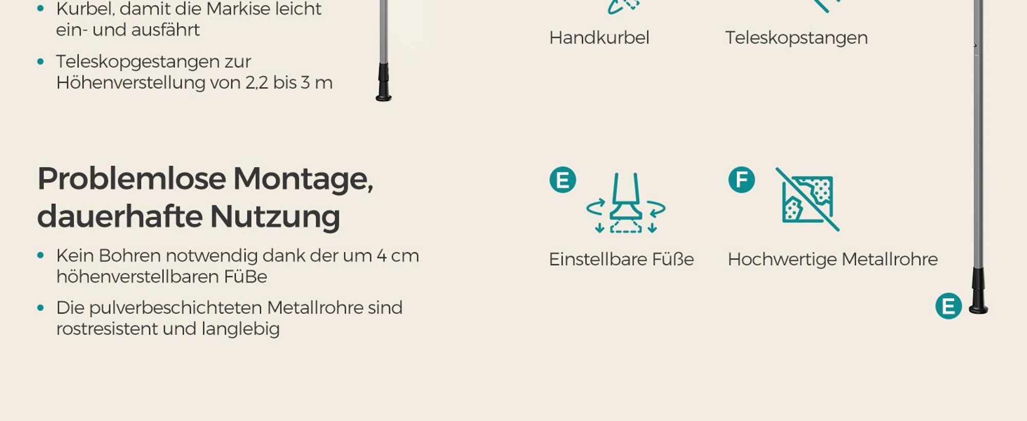 SONGMICS Klemmmarkise, Balkonmarkise, höhenverstellbar, mit Handkurbel