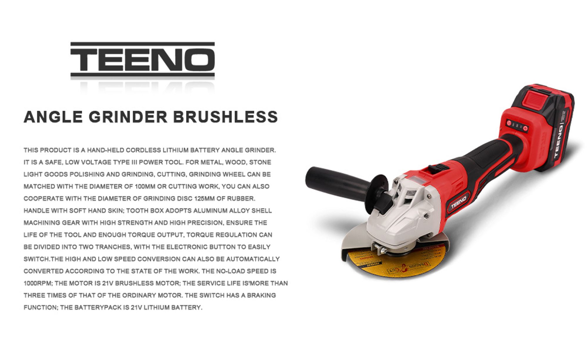 TEENO Akku Winkelschleifer 125 mm, 21V 1000W Winkelschleifer mit 2 * 4.0Ah Akku & 1*Schnellladegerät, 9100RPM