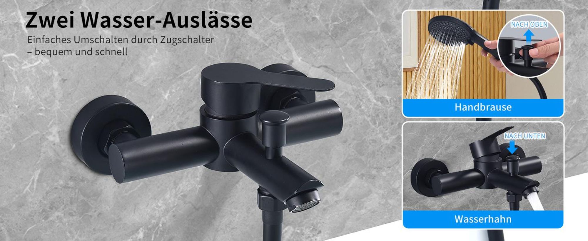 Homelody Badewannenarmatur Ohne Handbrause, Mischbatterie Badewanne Wandmontage, 2 Ausgänge Einhebelmischer Duscharmatur mit Wanneneinlauf, Schwarz