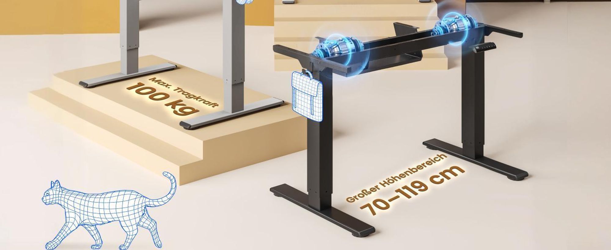 FlexiSpot E1 Pro Höhenverstellbarer Schreibtisch, Dualmotor 120 kg Tragkraft 4 Memory-Steuerung Anti-Kollisionsschutz Tischgestell Elektrisch(Schwarz)