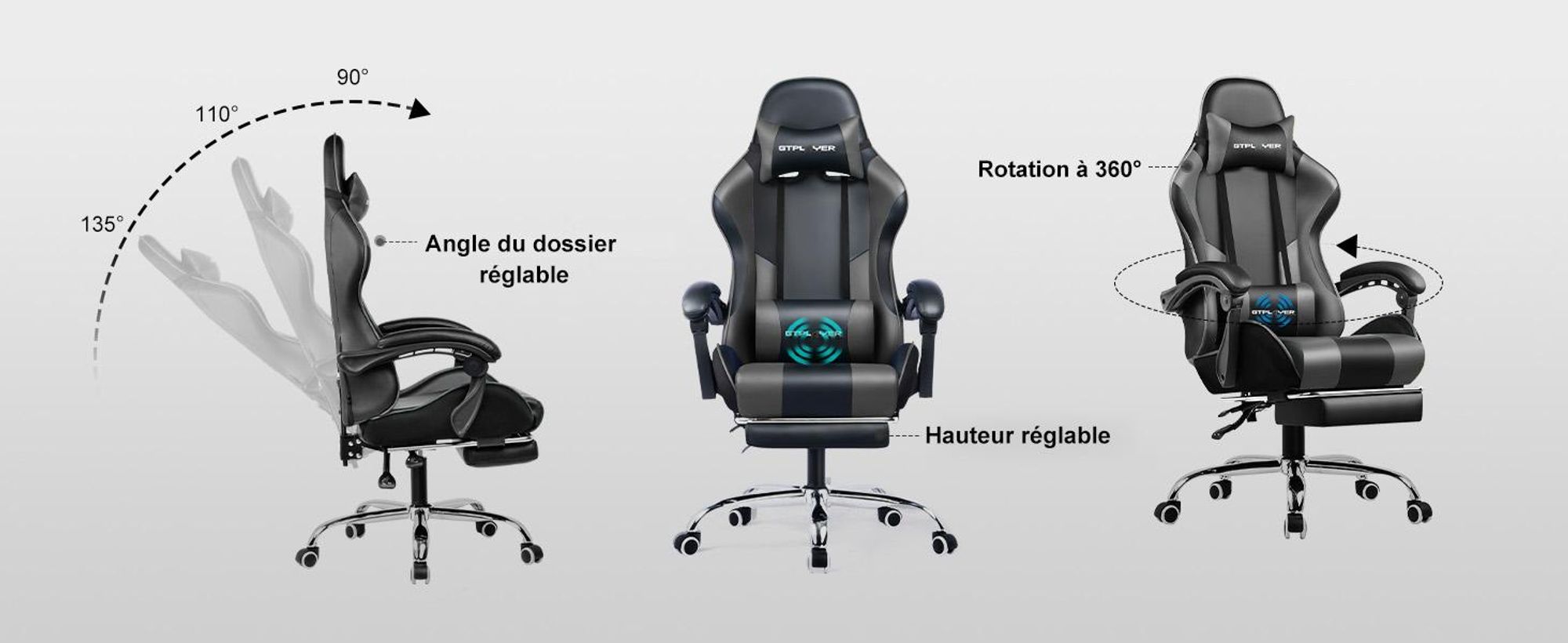 GTPLAYER gaming chair, chaise de bureau ergonomique avec fonction de massage et repose-pieds, châssis avec poignées, base en acier, gris