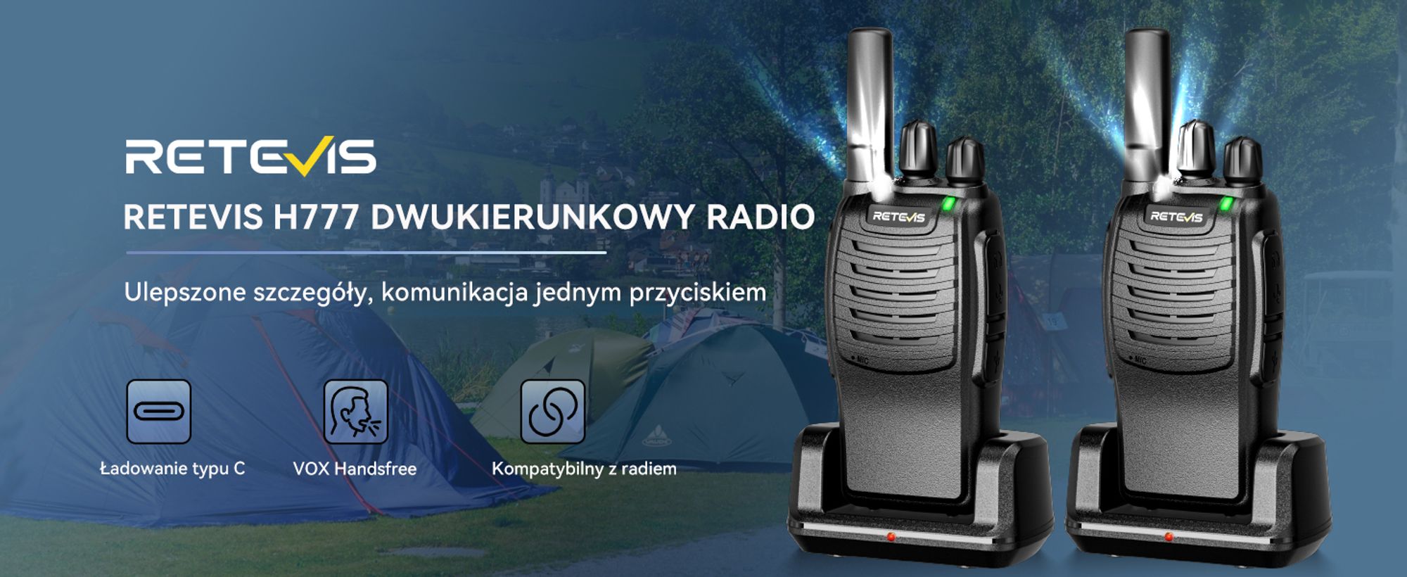 Retevis H777 Walkie Talkie, zestaw radiowy PMR, ze stacją ładującą, Type-C, tryb oszczędzania energii, VOX, parowanie jednym przyciskiem, redukcja szumów, na kemping