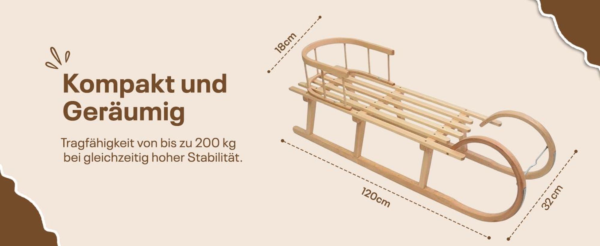 Holzschlitten | Hörnerrodel 120 cm mit Rückenlehne | Schlitten Kinder Holz | Kinderschlitten aus Holz | Perfekt für Winterabenteuer bis 200 kg