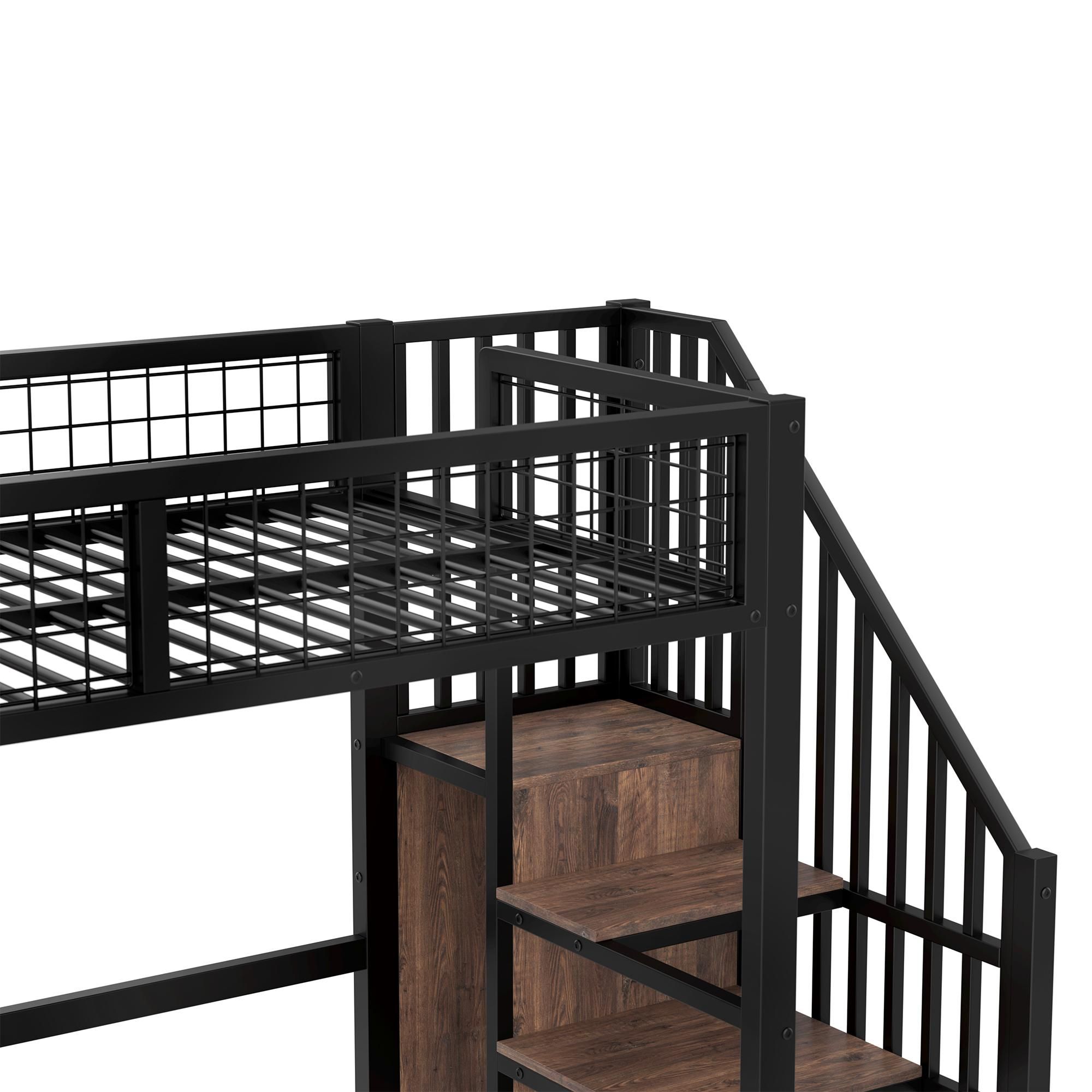 Merax Etagenbett Kinderbett 90x200 cm, Metall Hochbett Stockbett mit Schreibtisch, Regal, Offen Kleiderschrank, Jugendbett, Schwarz