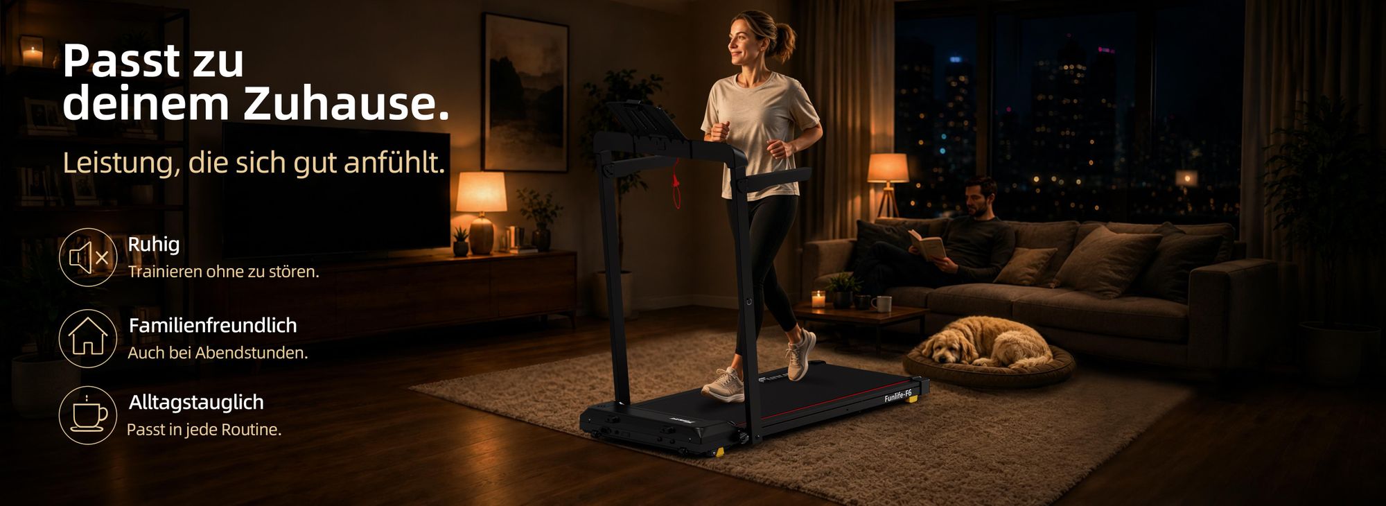 Leises, familienfreundliches Training zu Hause – ideal für Bewegung am Abend.