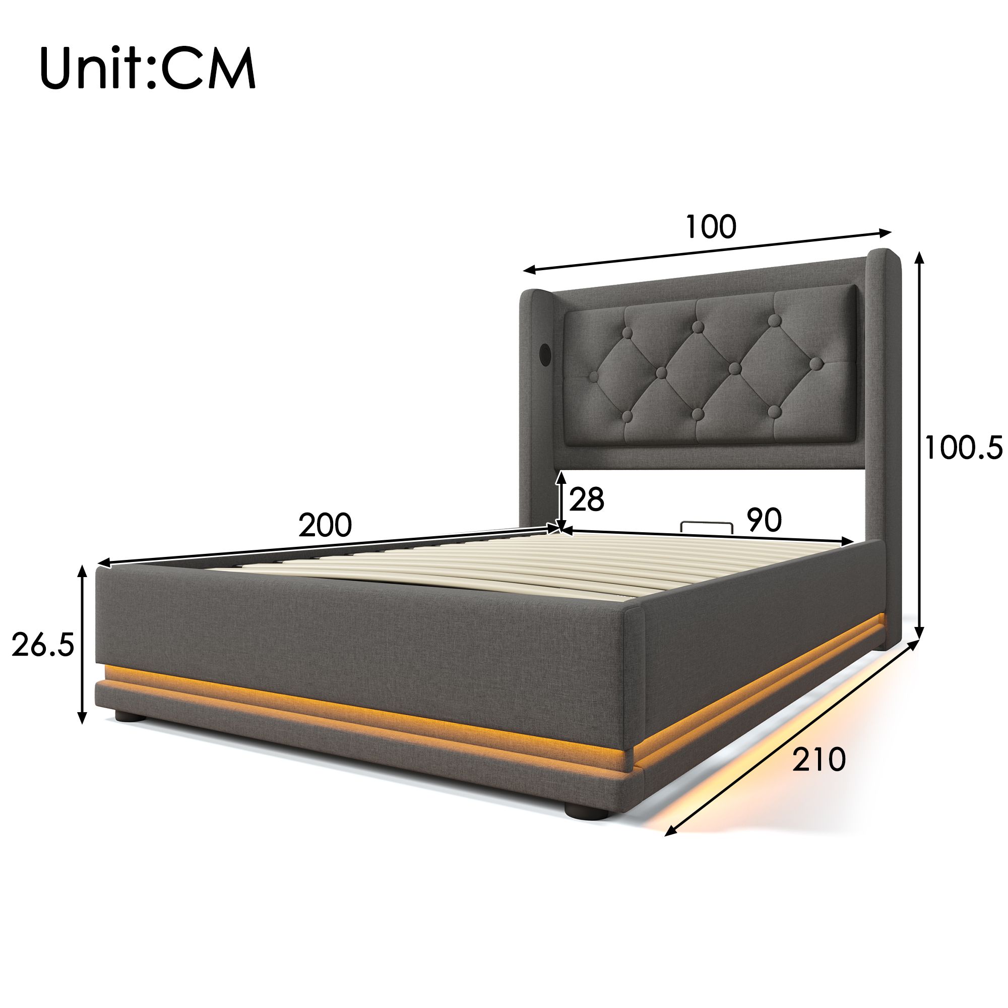 Flieks Polsterbett 90x200cm mit USB & Typ-C, Einzelbett Jugendbett mit LED, Hydraulisches Stauraumbett Boxspringbett mit Lattenrost, Baumwolle, Grau