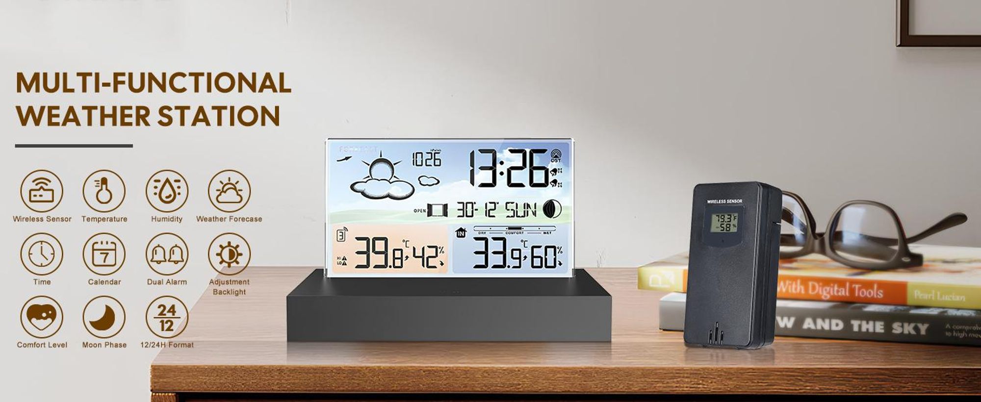 Funk Wetterstation, Funk-Wecker, Mit Farbdisplay, Thermometer Innen, Innen und Außentemperatur.