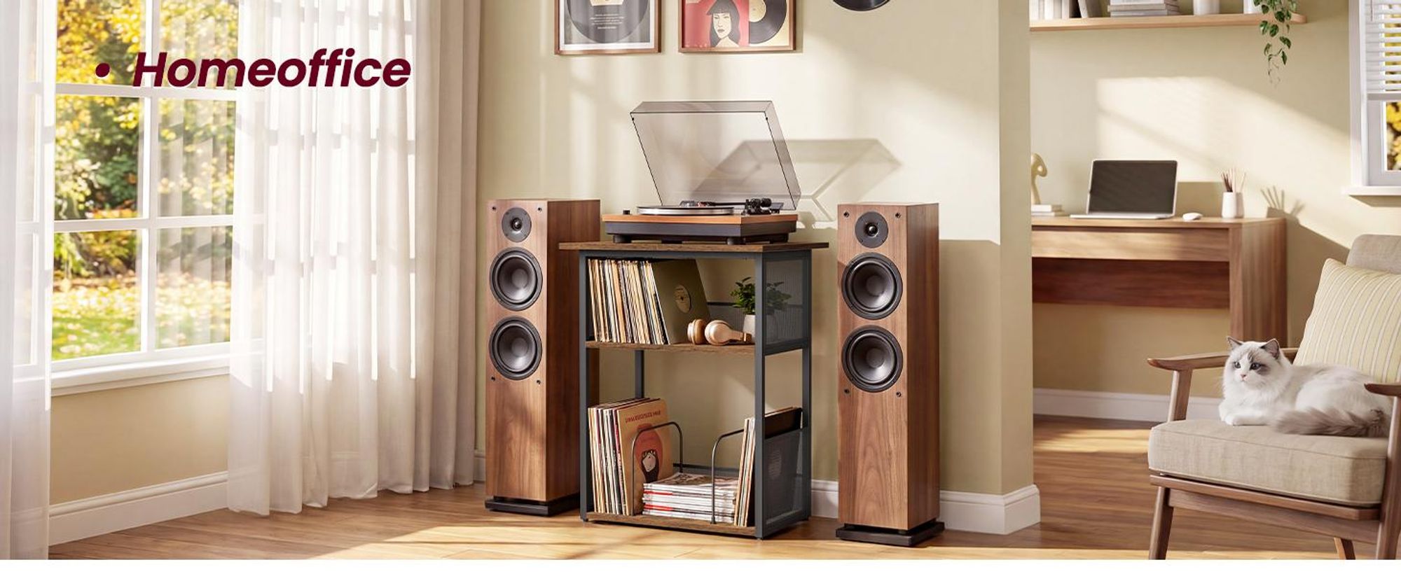 VASAGLE Plattenspieler Regal, HiFi Rack mit Schallplatten Aufbewahrung, 48 x 40 x 70 cm, Vintagebraun-Tintenschwarz