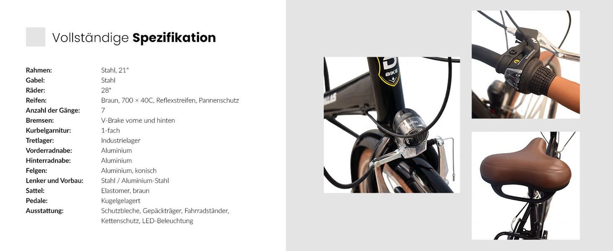Dallas Bike Trekkingrad Herren - 28 Zoll - Stahlrahmen XL 21" - Schwarz-Braun - Shimano 7-Gang - Reflexreifen