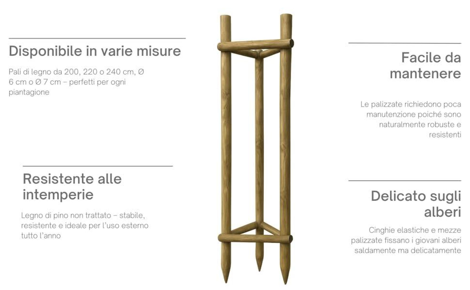 TIMBERMIK Kit Tutto Incluso per Sostegno Alberi Ø 6 cm 240 cm – 3 Pali in Legno 3 Cinghie Nere 6 Semicerchi Legno Supporto Piantagione Giardino