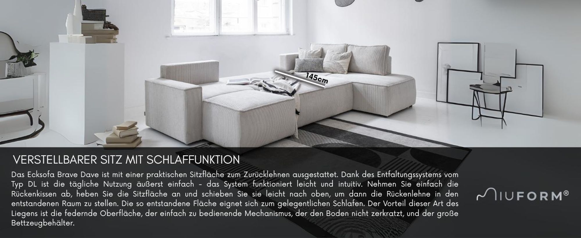 MIUFORM Brave Dave - Ecksofa mit Bettfunktion und Bettkasten U-FORM RECHTS - 322x194cm - Flaschengrün - Sofa Schlafsofa Couch