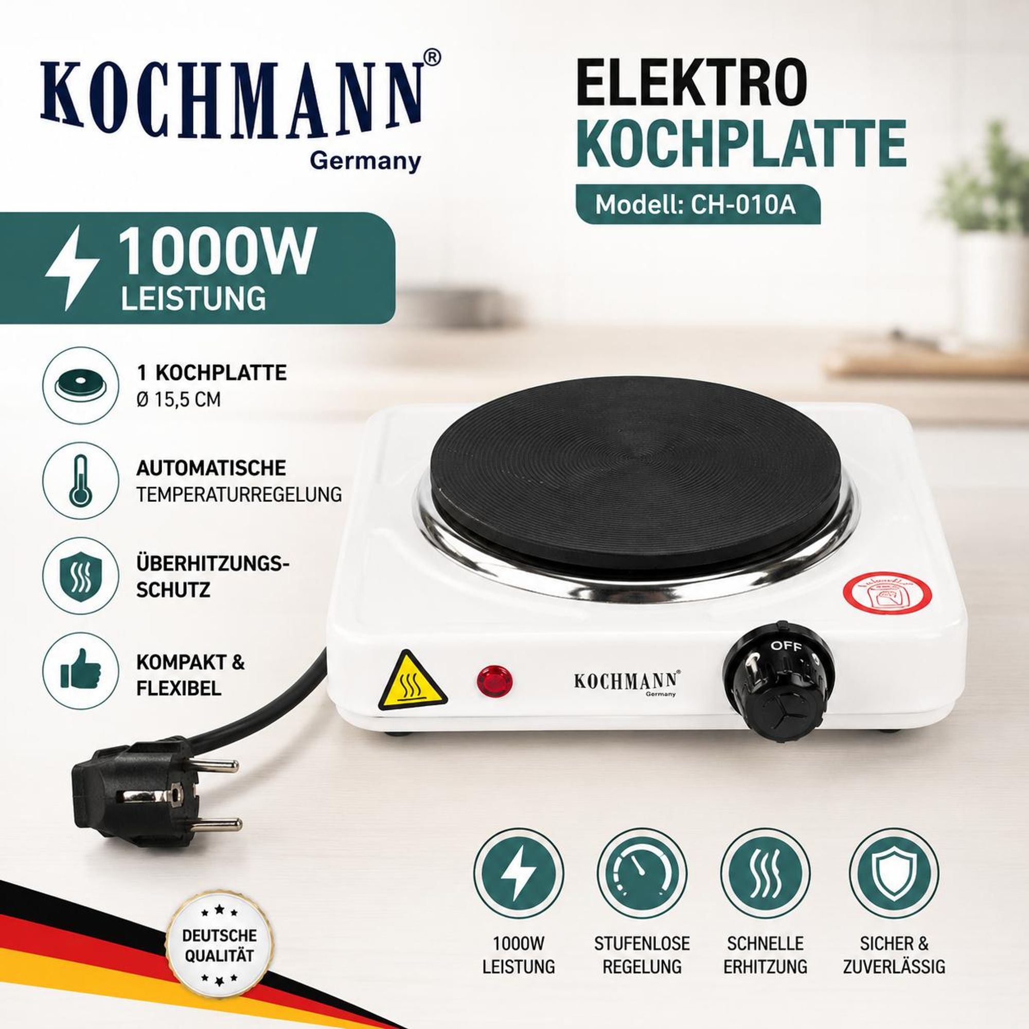 Kochmann Einzelkochplatte 1000W – Elektrokochplatte, Herdplatte, Elektrokochfeld, Tischkochfeld für Camping & Küche - CH-010A