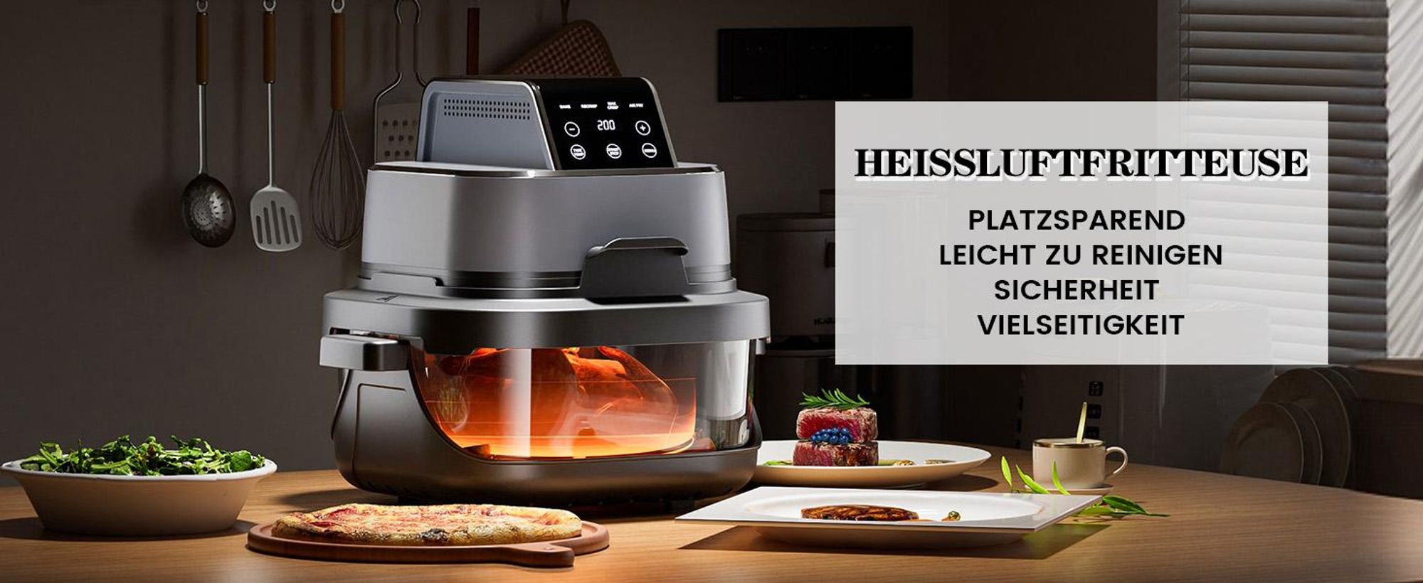 GTPLAYER Airfryer, Multifunktionale Heißluftfritteuse 4 Liter mit mit Easy-View-Fenster, Glasbehälter, Hi-Fry, automatische Abschaltung, digital
