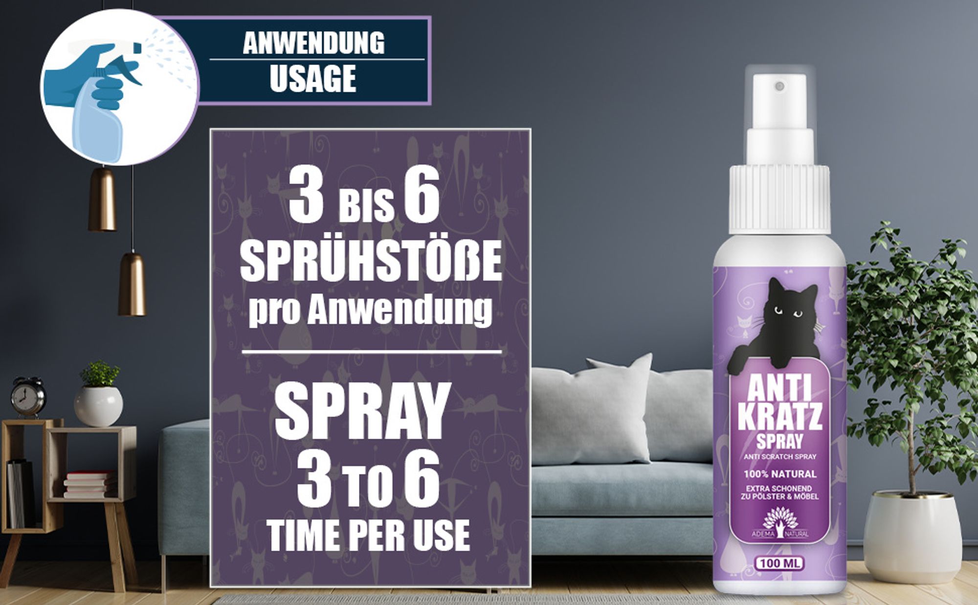 Adema Natural® Anti Kratz Spray – Fernhaltespray – für Katzen – Anti Kratz Spray - Katzenabwеhr – zum Vertreiben von Katzen – Katzen Abwеhr – 100 ml