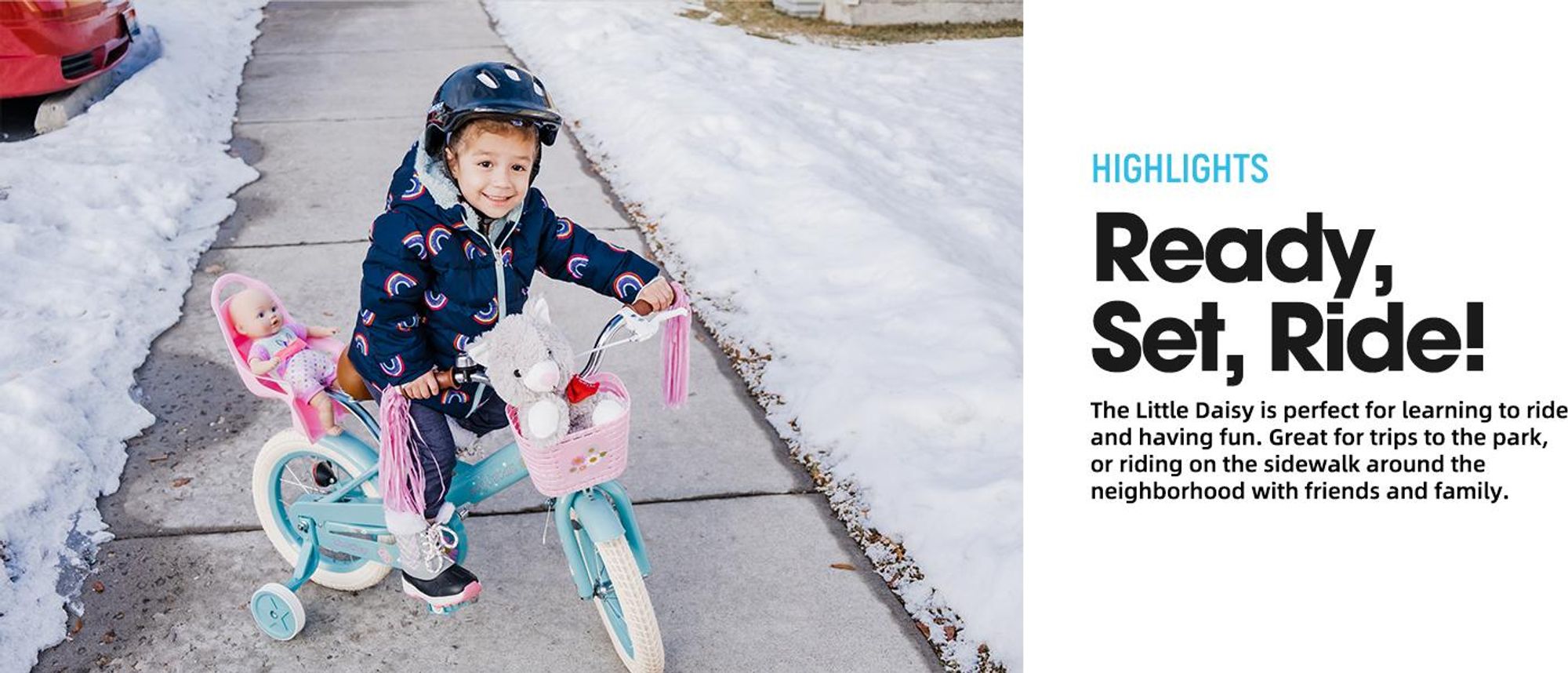 HILAND Joystar 14 Zoll Kinderfahrrad mit Stützrädern, Puppenfahrradsitz, Luftschlangen, Korb, Klingel, DIY-Aufklebern, Schutzblechen, für Mädchen,Rosa