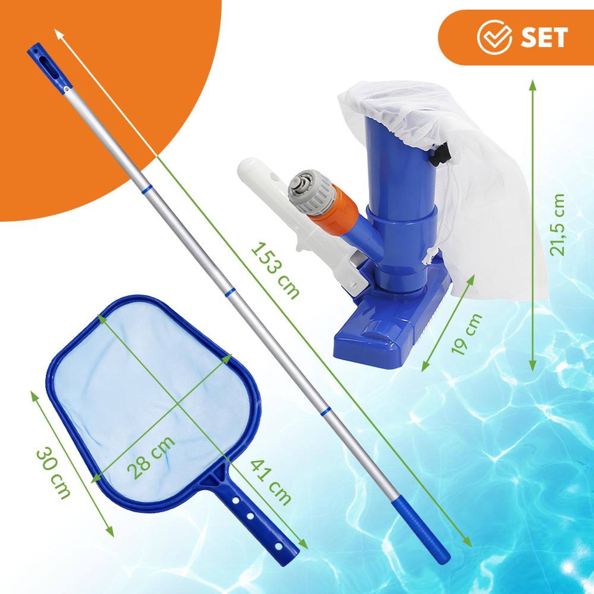 KRUMAD Poolsauger 3-in-1 mit Filterbeutel und 3 Bürsten, ohne Strom, Hand-Poolreiniger für Pool, Teich, Whirlpool, kompatibel mit Teleskopstange