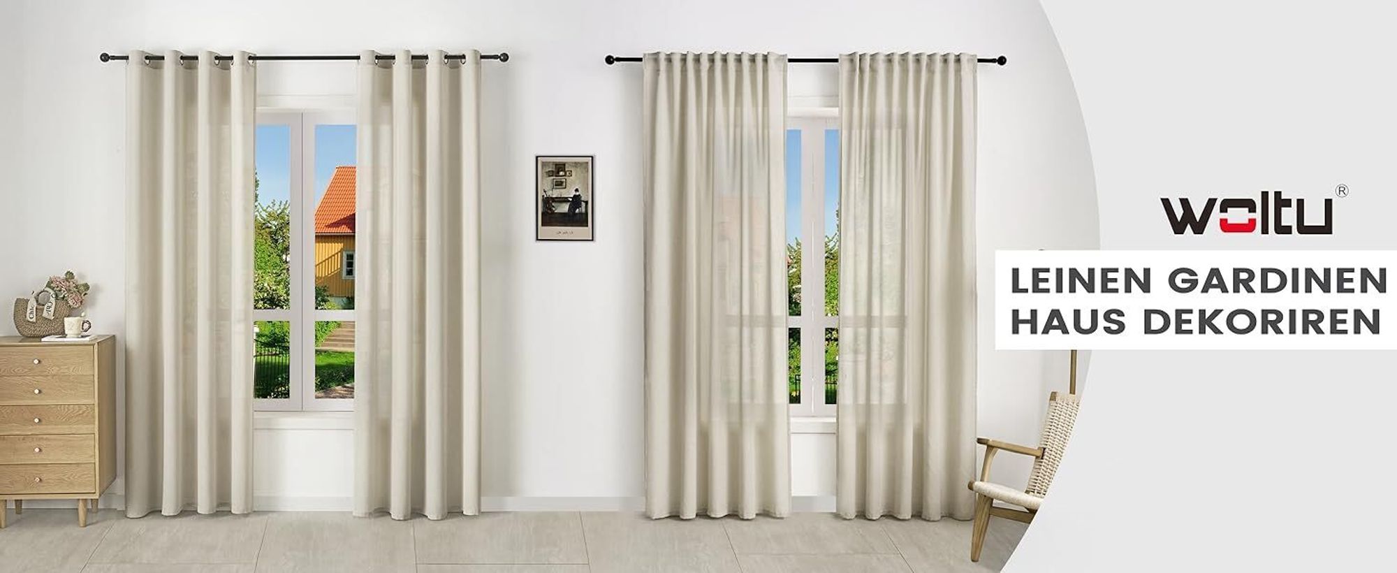 WOLTU Gardinen mit Ösen Leinenoptik Halbtransparent Voile Modern, 135x245cm Sand