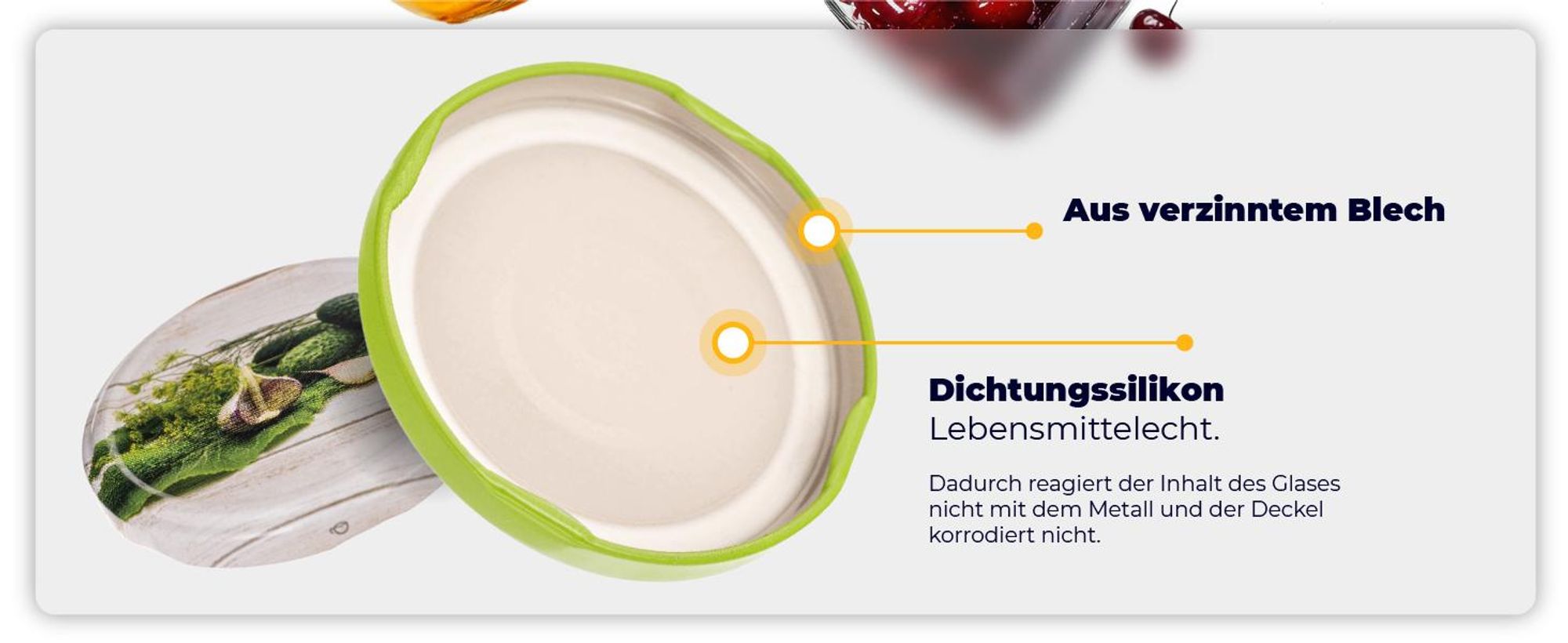 KADAX Einmach-Deckel Set aus Metall "Virbo", mit 6 Einrastzähnen, Gemüse, 82 mm, 50 Stück
