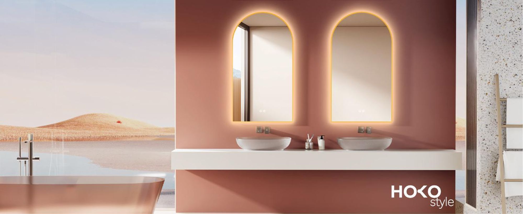 HOKO specchio bagno antiappannamento LED design specchio ad arco 60x100 cm con cornice in metallo, montaggio HIGH+QUER. Specchio da bagno ad arco+interruttore a sfioramento+bianco caldo-bianco freddo