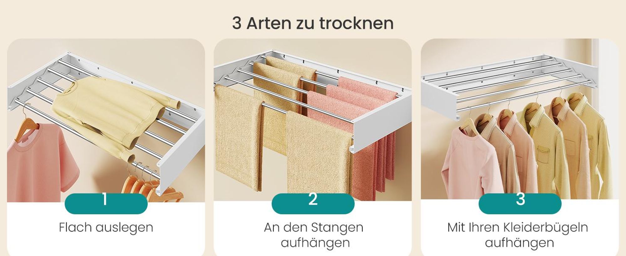 SONGMICS Wandtrockner ausziehbar, klappbarer Wäschetrockner mit 5 Stangen, platzsparend für innen und außen, 80 cm, weiß