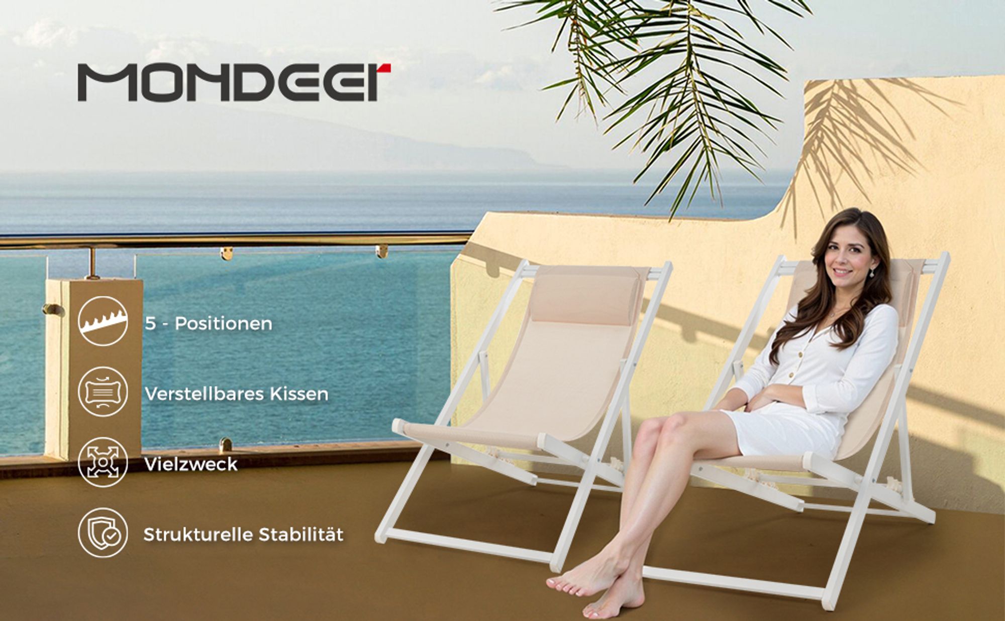 Mondeer 2er Set Sonnenliegen Gartenliege klappbar mit verstellbarer Kopfstütze Weiß und Beige