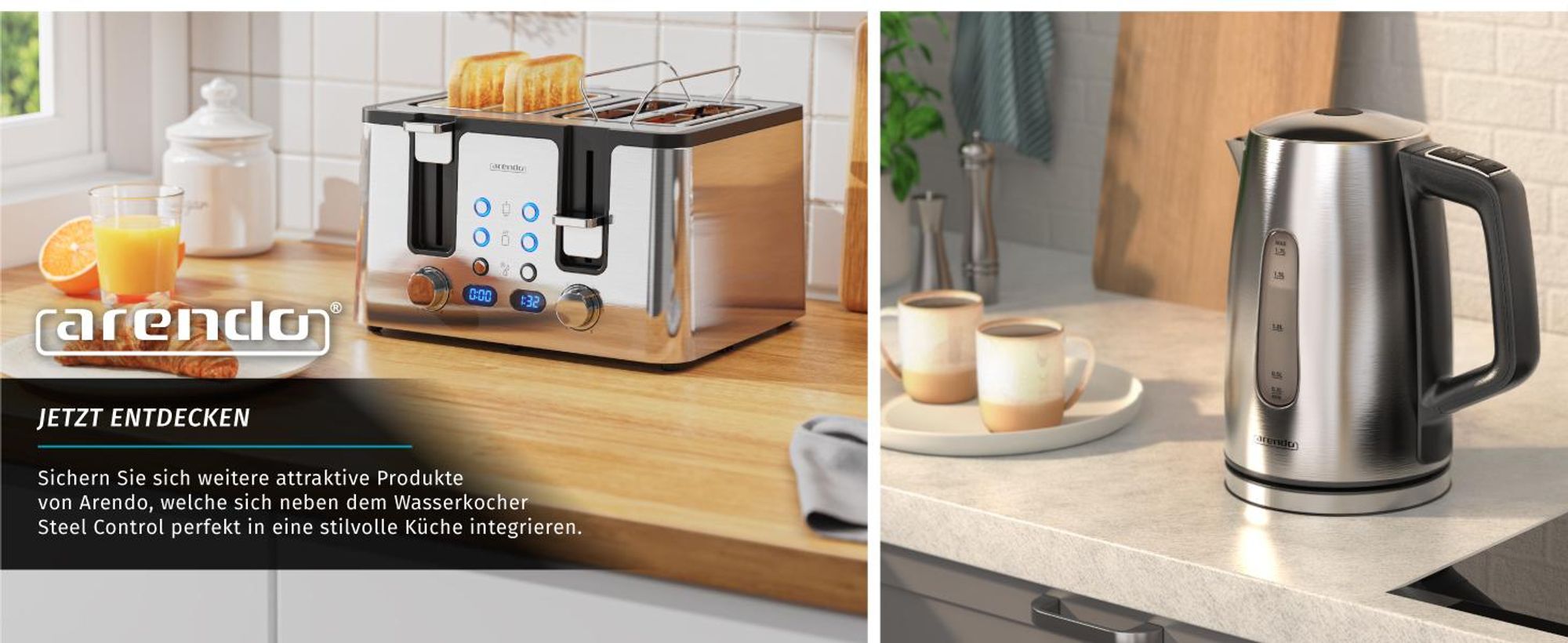 Arendo Wasserkocher mit Temperatureinstellung 35°C - 100°C, Temperaturanzeige, Temperaturwahl, Edelstahl, 1,7 L, 2200W, Warmhaltefunktion, silber