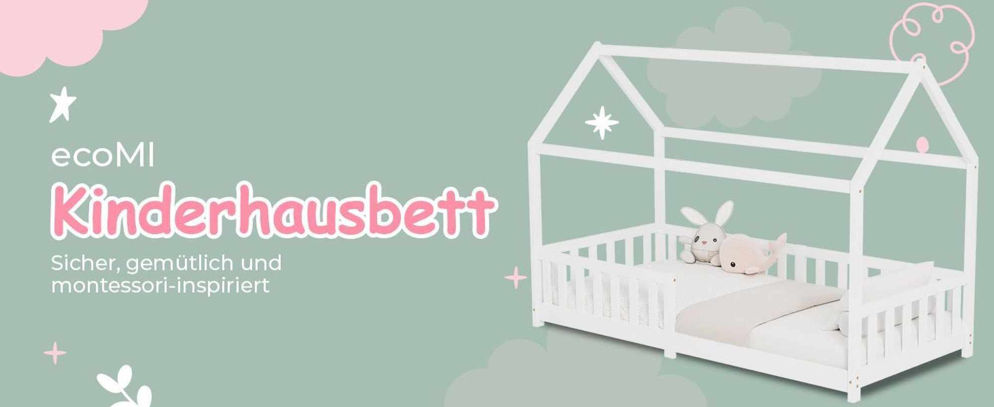 Kinderbett 90x200 mit Rausfallschutz und Lattenrost, Hausbett - Kinderbett 90x200 für Kinder - Kinderbett Hausbett 90x200 Weiß