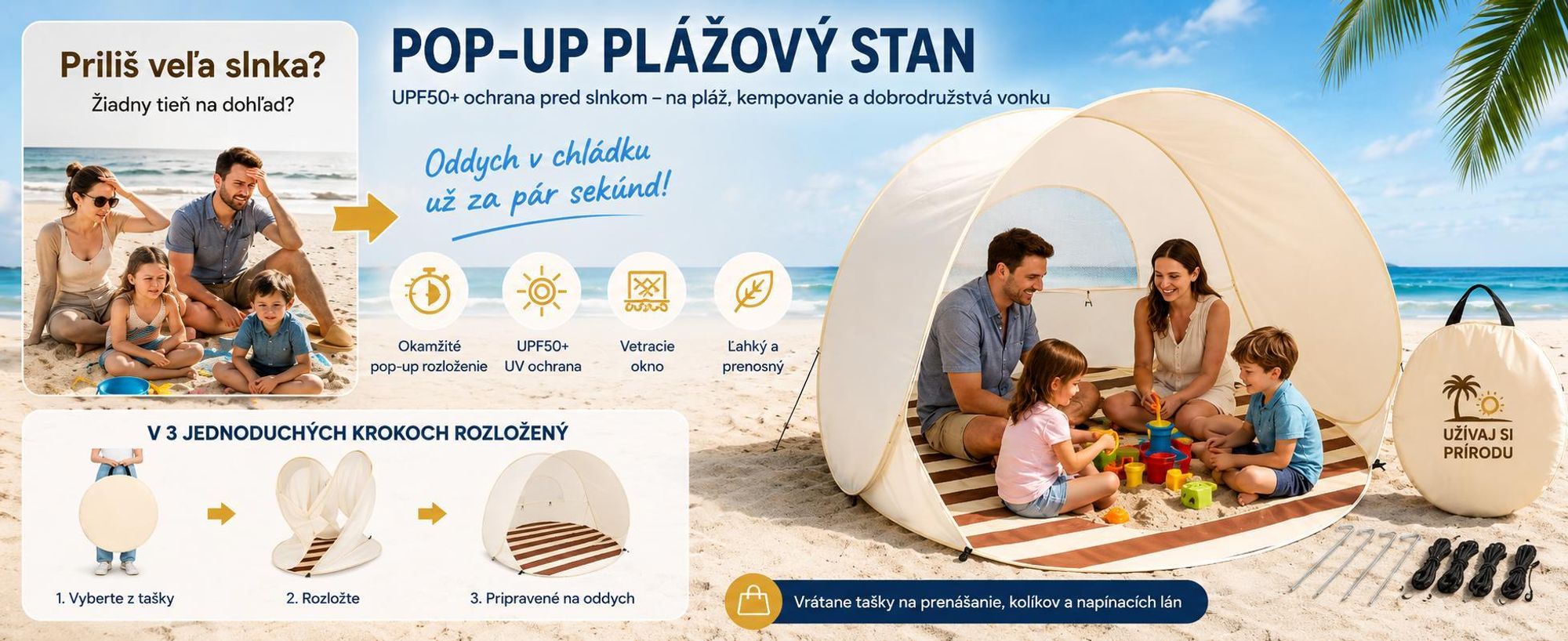 Prenosná ochrana pred slnkom, plážový stan, plážový závet z vodoodolnej tkaniny 190T – POPYTENT