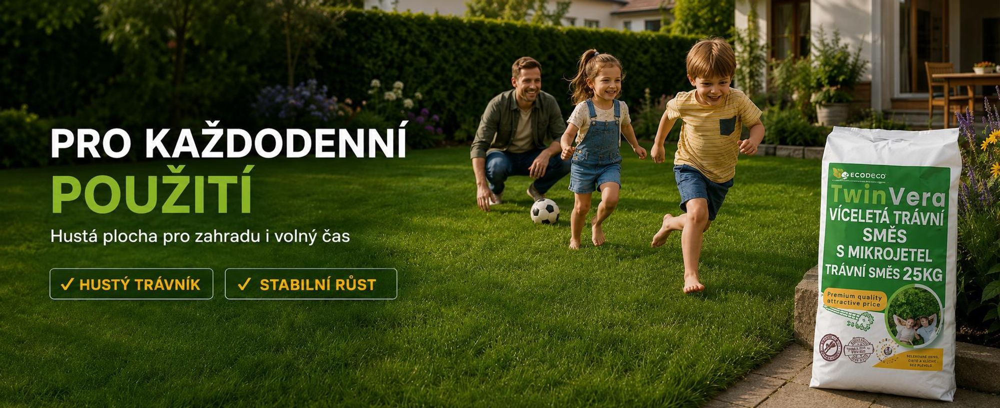 EcoDeco univerzální travní směs s mikrojetelí, odolná proti sešlapání, 25 kg pro 1000 m²