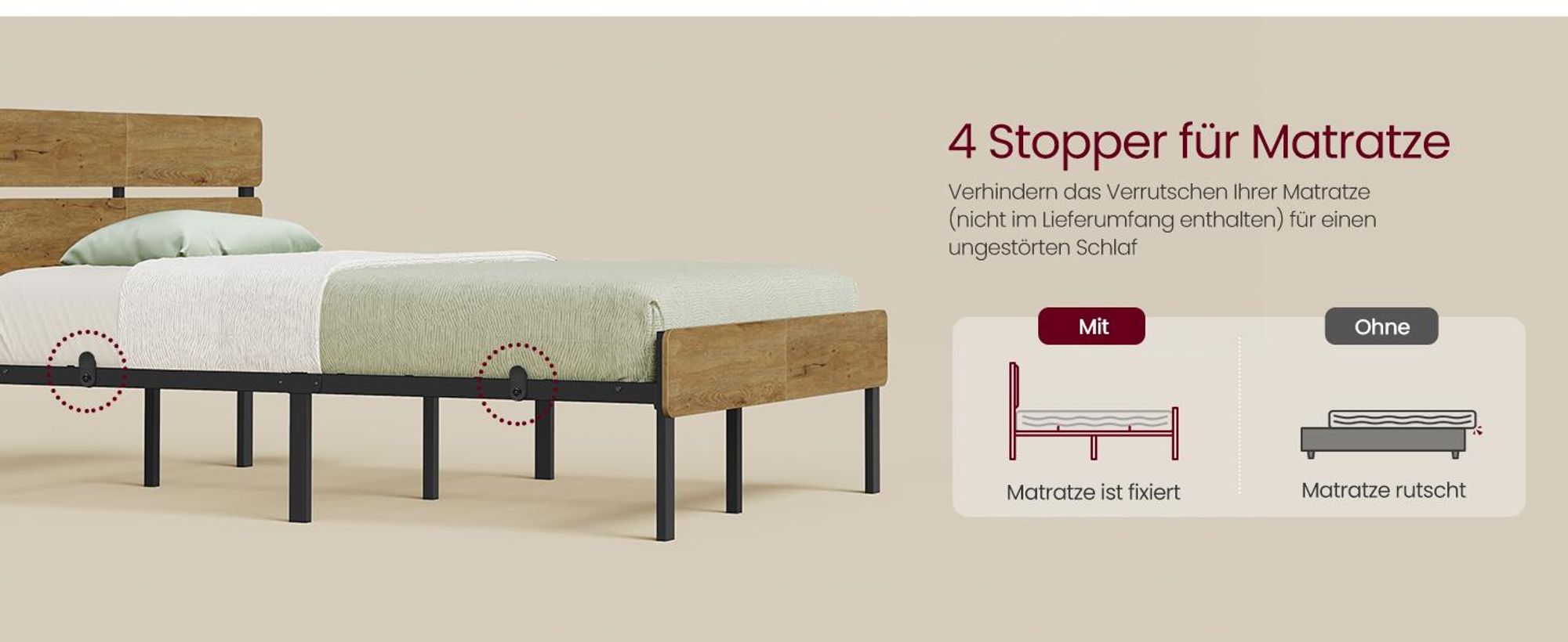 VASAGLE Einzelbettgestell, 120 x 200 cm, mit LED-Leuchten, USB-A- und USB-C-Anschluss, Stauraum unter dem Bett, naturbraun