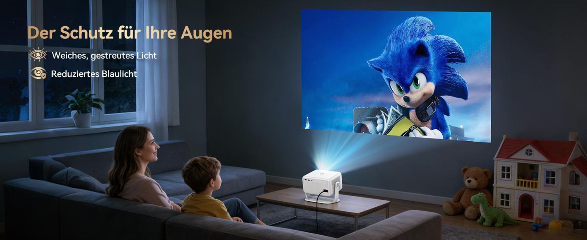 Blackview-Huidun PT10 Beamer, 25000 Lumen, 1080P Native, 4K, Google TV, 360° Deckenprojektion, KI Autofokus, WiFi 6, 10W HiFi, Tragbares Heimkino