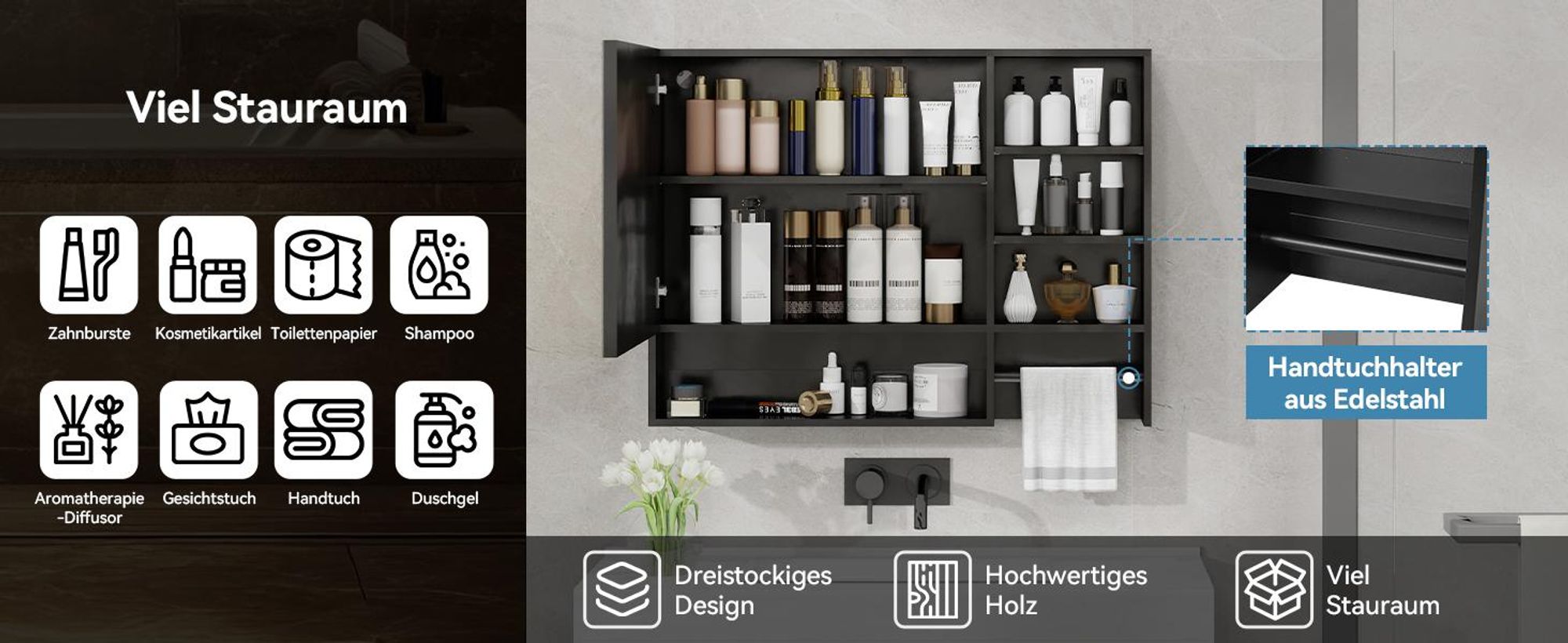 Puluomis Spiegelschrank Bad 80cm mit 3 färbiger dimmbarer Beleuchtung, Digitaler Uhr Handtuchhalter Antibeschlag Badezimmerschrank Wandschrank schwarz