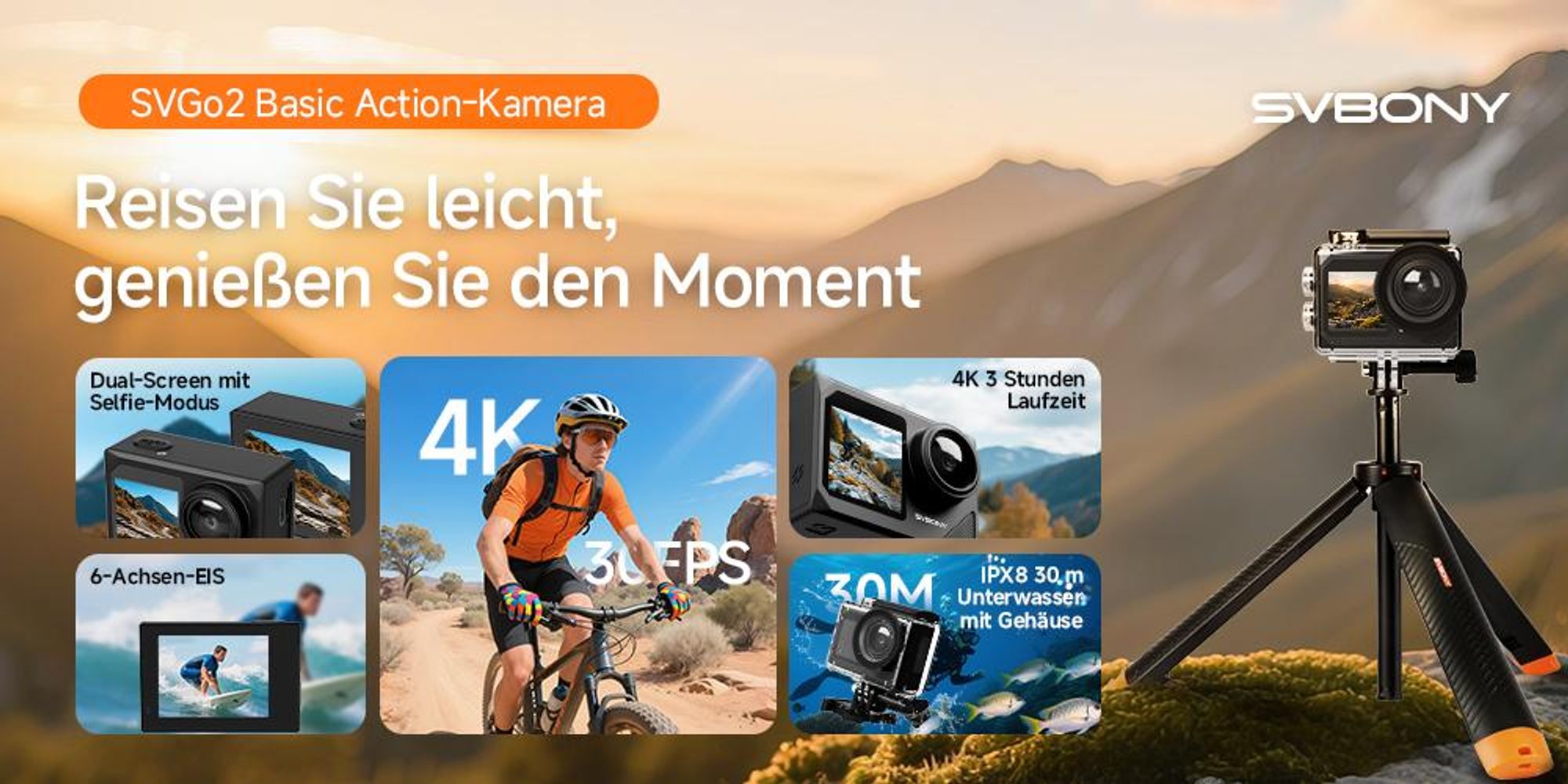 SVbony SVGO2 Action-Kamera 4K/30 fps IPX8 wasserdicht, mit Auftriebsstange, 2,0-Zoll-LCD-Touchscreen, für Tauchen, Radfahren, Surfen, Skifahren
